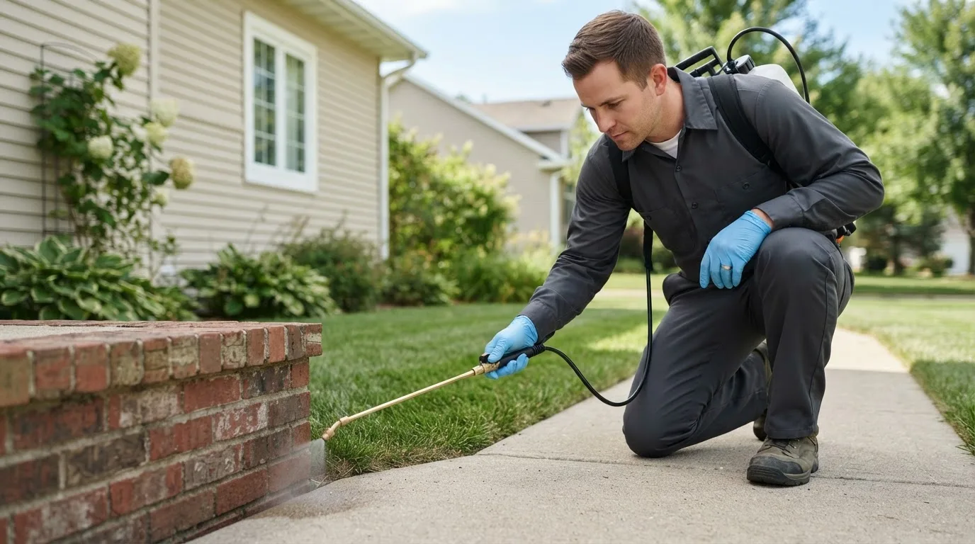 Pest control technician treating a home near Westborough, MA